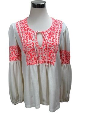 Maeve Anthropologie Louisa Peasant Top Ivory Coral Embroidered Blouse Size M